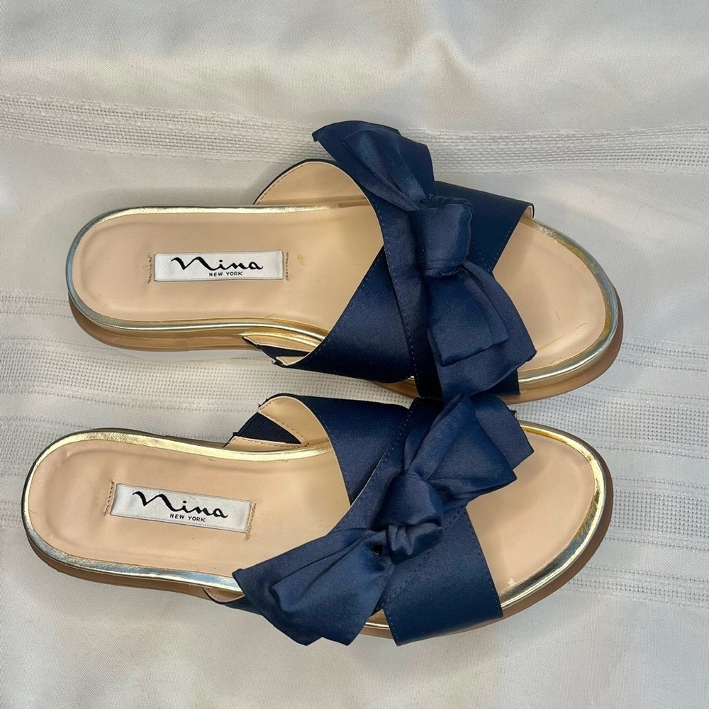 Platform Sandal Flip Flop Nina Navy Satin Gold Sz 5β EUC - Picture 6 of 13